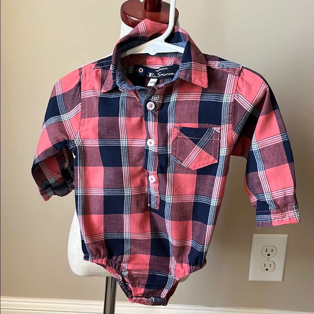 Ben Sherman navy/coral plaid one piece shirt with chambray trim